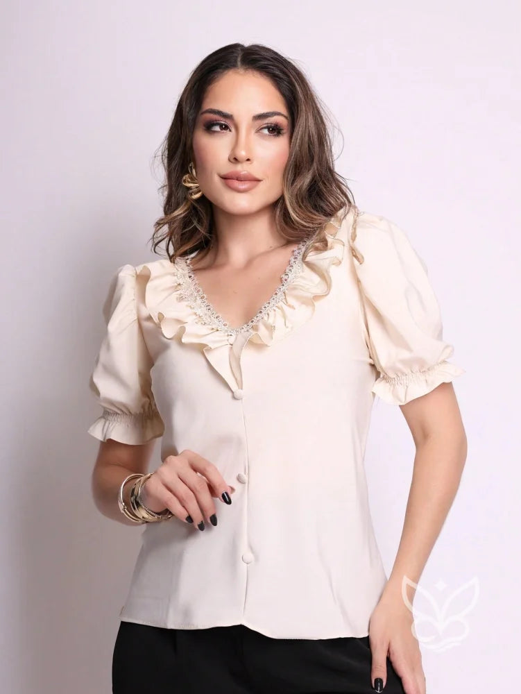 Blusa Formal Com Manga Bufante Curta E Decote V Com Babados Bege / PP Blusa Formal Com Manga Bufante Curta E Decote V