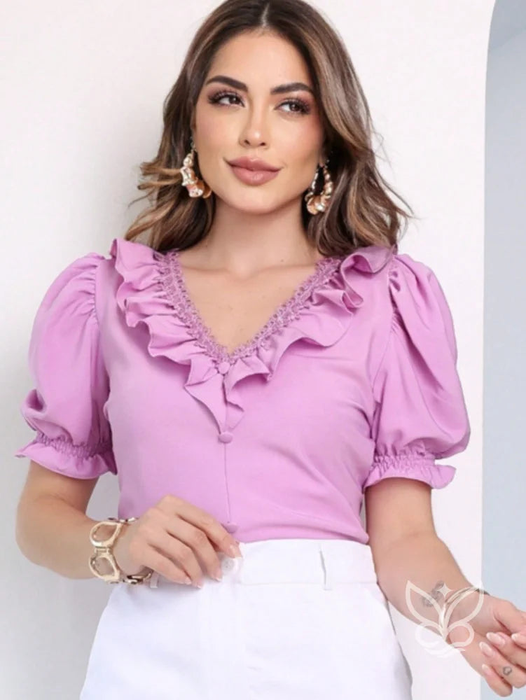 Blusa Formal Com Manga Bufante Curta E Decote V Com Babados Lavanda / PP Blusa Formal Com Manga Bufante Curta E Decote