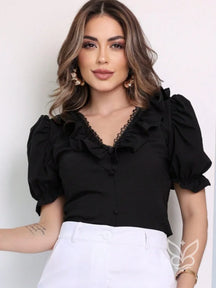 Blusa Formal Com Manga Bufante Curta E Decote V Com Babados Preto / PP Blusa Formal Com Manga Bufante Curta E Decote V