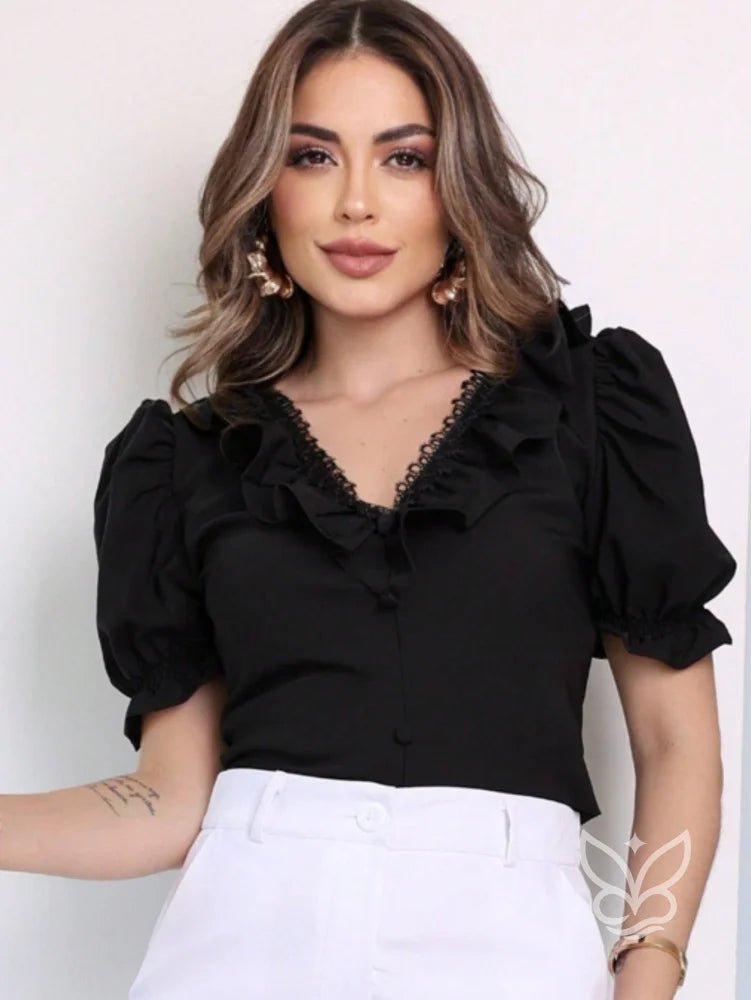 Blusa Formal Com Manga Bufante Curta E Decote V Com Babados Preto / PP Blusa Formal Com Manga Bufante Curta E Decote V