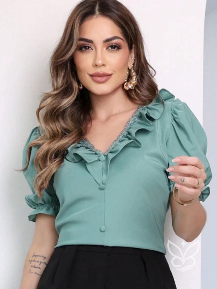 Blusa Formal Com Manga Bufante Curta E Decote V Com Babados Verde Menta / PP Blusa Formal Com Manga Bufante Curta E