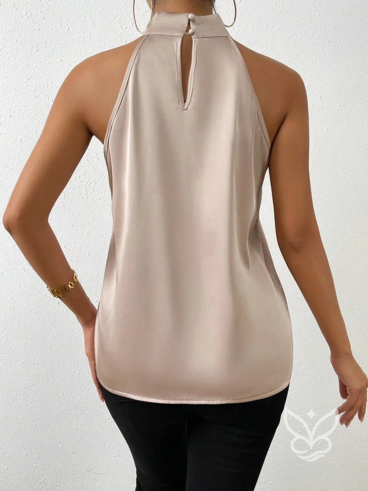 Blusa Frente Única Em Cetim Com Gola Alta Drapeada Blusa Frente Única Em Cetim Com Gola Alta Drapeada