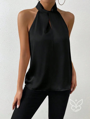 Blusa Frente Única Em Cetim Com Gola Alta Drapeada Blusa Frente Única Em Cetim Com Gola Alta Drapeada