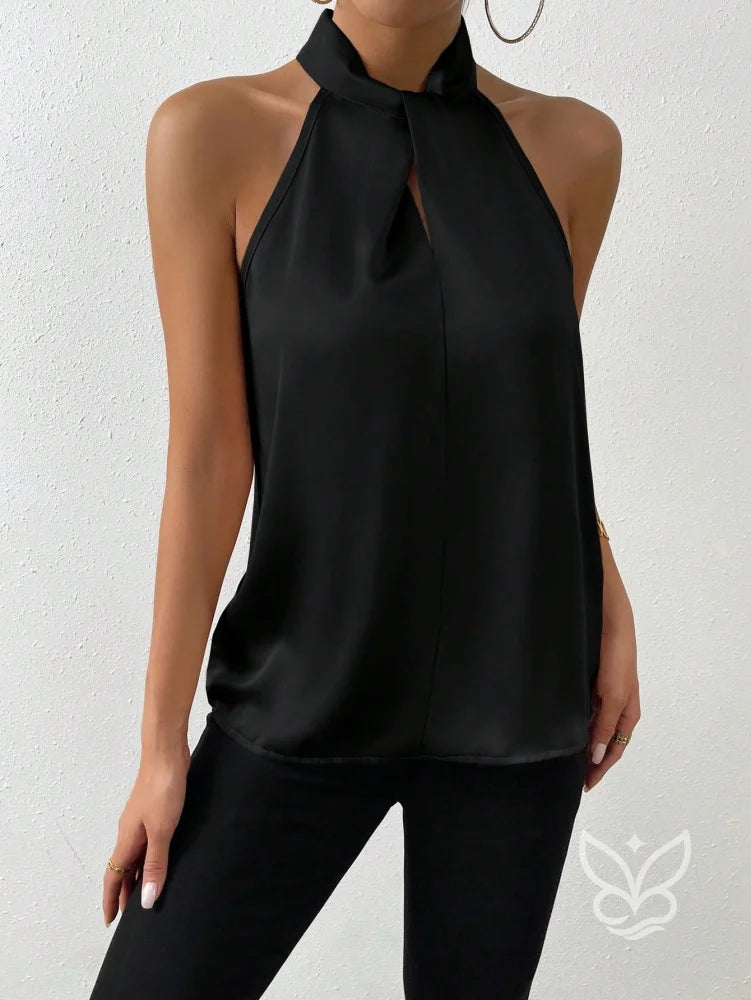 Blusa Frente Única Em Cetim Com Gola Alta Drapeada Blusa Frente Única Em Cetim Com Gola Alta Drapeada