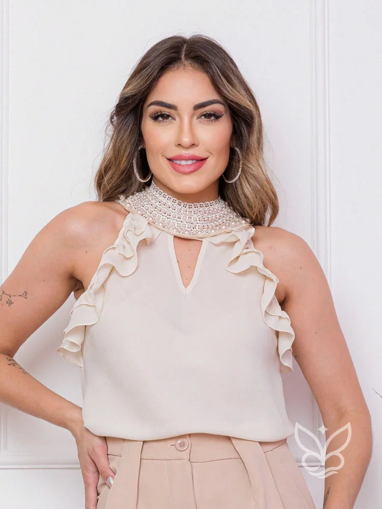 Blusa Gola Alta Com Babados E Detalhes De Pérolas Bege / PP Blusa Gola Alta Com Babados E Detalhes De Pérolas