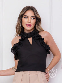 Blusa Gola Alta Com Babados E Detalhes De Pérolas Preto / PP Blusa Gola Alta Com Babados E Detalhes De Pérolas