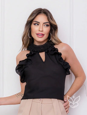 Blusa Gola Alta Com Babados E Detalhes De Pérolas Preto / PP Blusa Gola Alta Com Babados E Detalhes De Pérolas