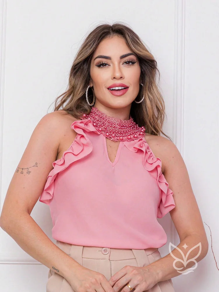 Blusa Gola Alta Com Babados E Detalhes De Pérolas Rosa / PP Blusa Gola Alta Com Babados E Detalhes De Pérolas