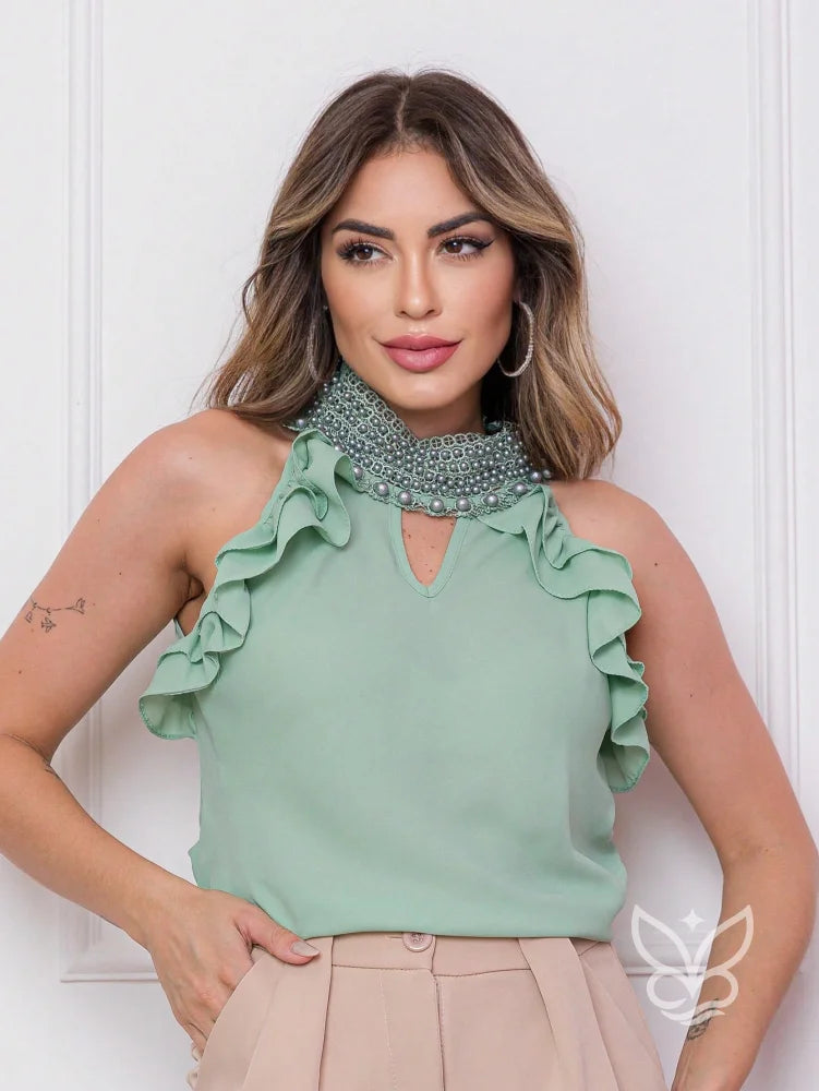 Blusa Gola Alta Com Babados E Detalhes De Pérolas Verde Menta / PP Blusa Gola Alta Com Babados E Detalhes De Pérolas