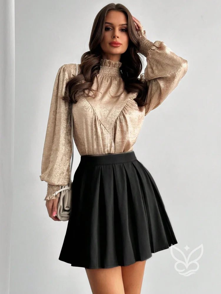 Blusa Gola Alta Com Manga Bufante E Caimento Elegante Caqui / PP Blusa Gola Alta Com Manga Bufante E Caimento Elegante