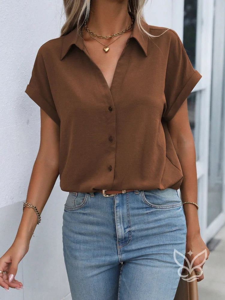 Blusa Gola Lapela Com Manga Morcego Curta Castanho / PP Blusa Gola Lapela Com Manga Morcego Curta