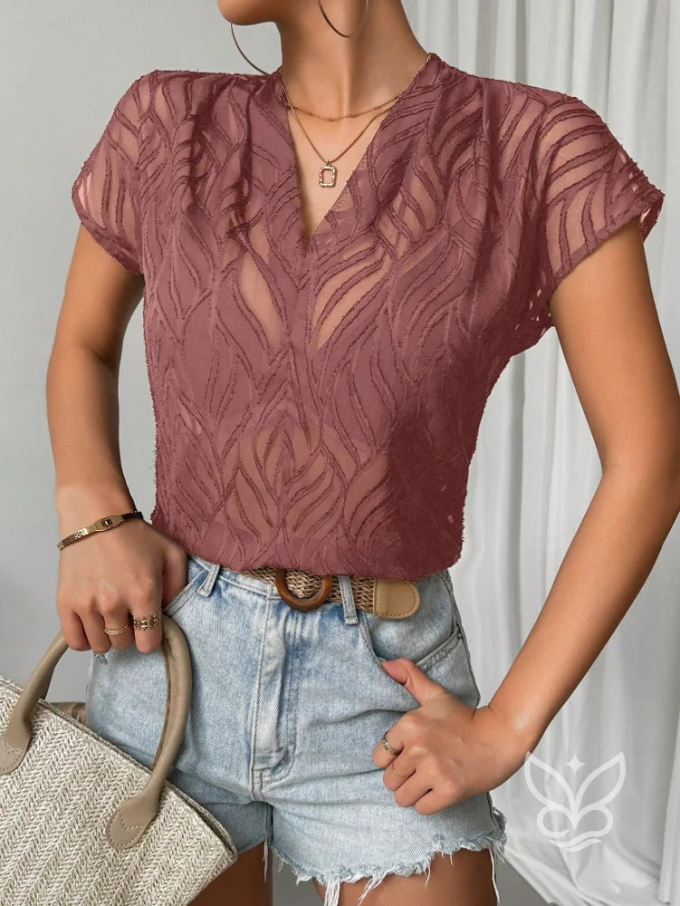Blusa Jacquard Decote V Com Manga Curta E Caimento Sofisticado Rosa Chiclete / PP Blusa Jacquard Decote V Com Manga