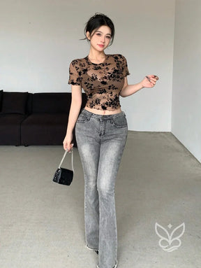 Blusa Jacquard Transparente Manga Curta E Estampa Completa Blusa Jacquard Transparente Manga Curta E Estampa Completa