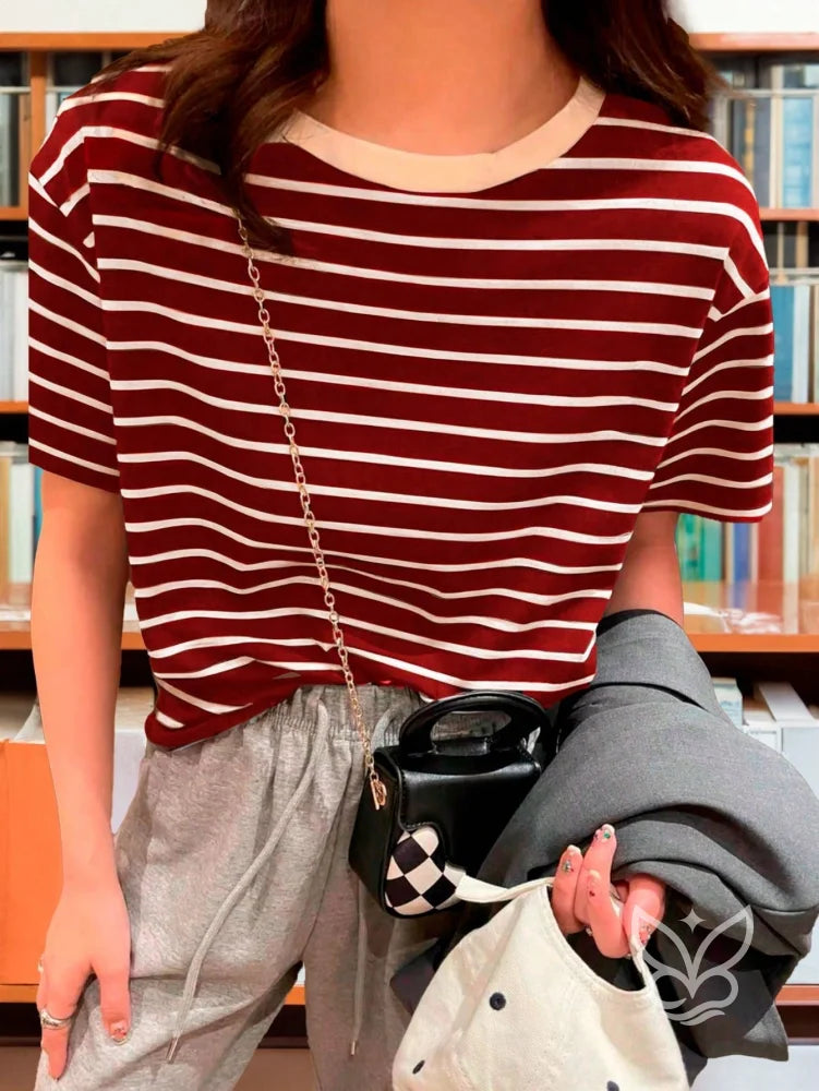 Blusa Listrada Casual Com Gola Contrastante Vermelho / P Blusa Listrada Casual Com Gola Contrastante