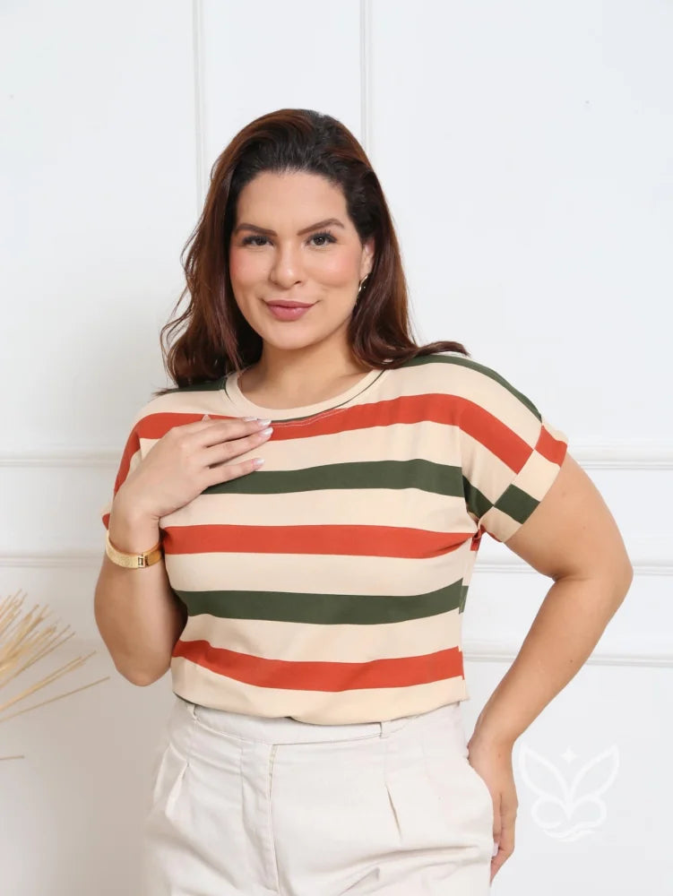Blusa Listrada Estilo Retrô Com Caimento Solto Verde Oliva / M Blusa Listrada Estilo Retrô Com Caimento Solto