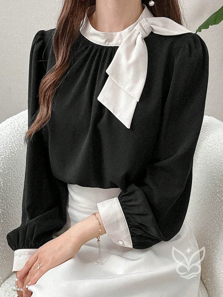 Blusa Manga Bufante Com Gola Alta E Punho Contrastante Preto / PP Blusa Manga Bufante Com Gola Alta E Punho Contrastante