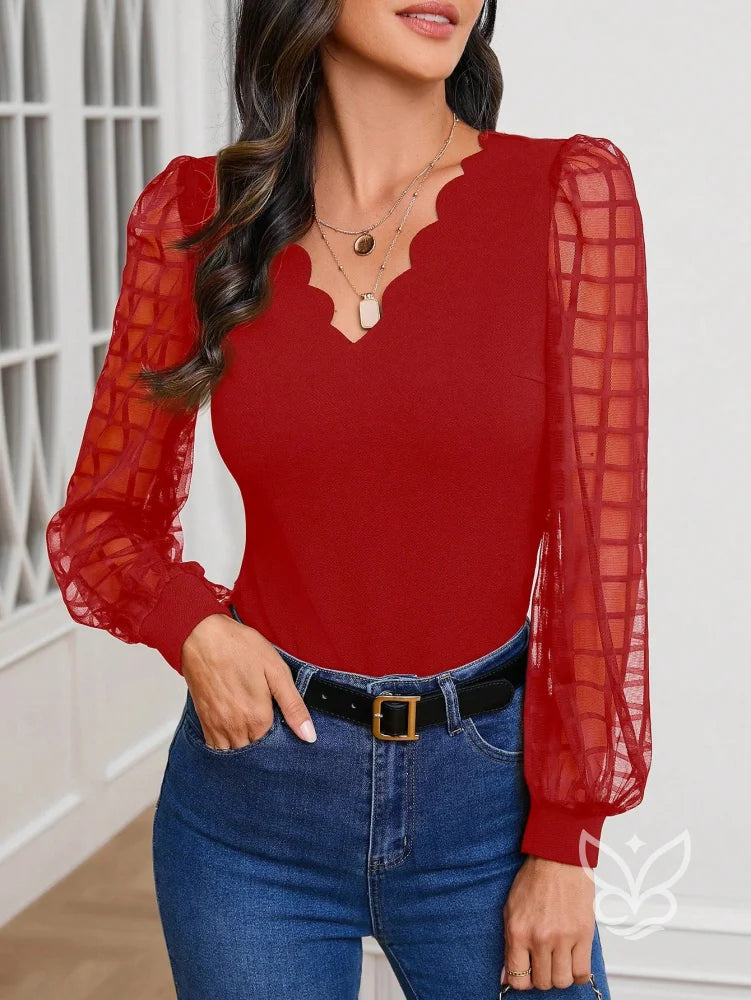 Blusa Manga Bufante Transparente Com Borda De Pérolas Vermelho / PP Blusa Manga Bufante Transparente Com Borda De