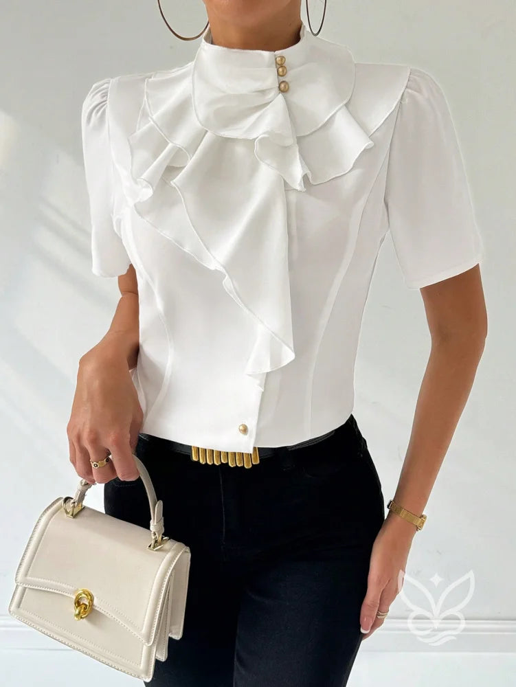 Blusa Manga Curta Com Babados E Caimento Delicado Branco / PP Blusa Manga Curta Com Babados E Caimento Delicado