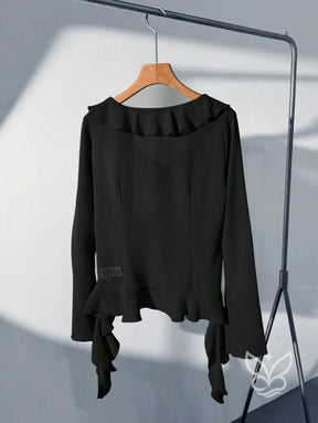 Blusa Manga Longa Babados Assimétricos E Abotoamento Frontal Blusa Manga Longa Babados Assimétricos E Abotoamento