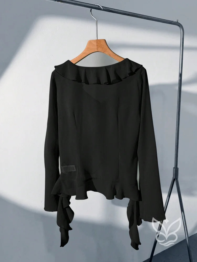 Blusa Manga Longa Babados Assimétricos E Abotoamento Frontal Blusa Manga Longa Babados Assimétricos E Abotoamento