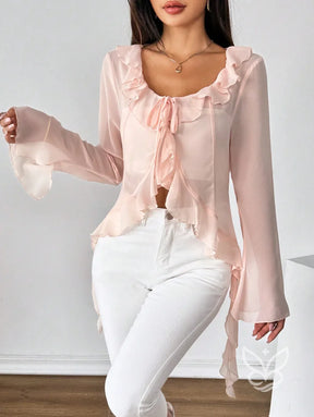Blusa Manga Longa Babados Assimétricos E Abotoamento Frontal Blusa Manga Longa Babados Assimétricos E Abotoamento
