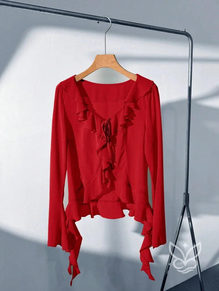 Blusa Manga Longa Babados Assimétricos E Abotoamento Frontal Blusa Manga Longa Babados Assimétricos E Abotoamento