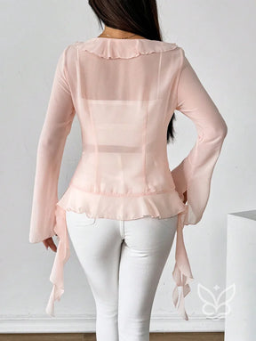 Blusa Manga Longa Babados Assimétricos E Abotoamento Frontal Blusa Manga Longa Babados Assimétricos E Abotoamento
