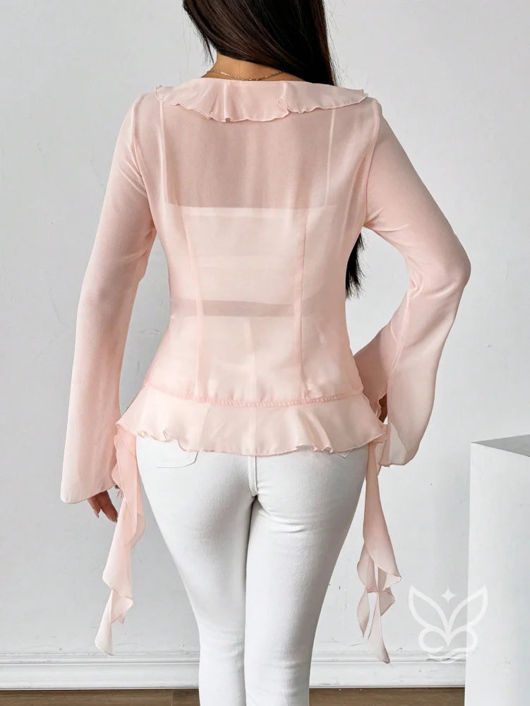 Blusa Manga Longa Babados Assimétricos E Abotoamento Frontal Blusa Manga Longa Babados Assimétricos E Abotoamento