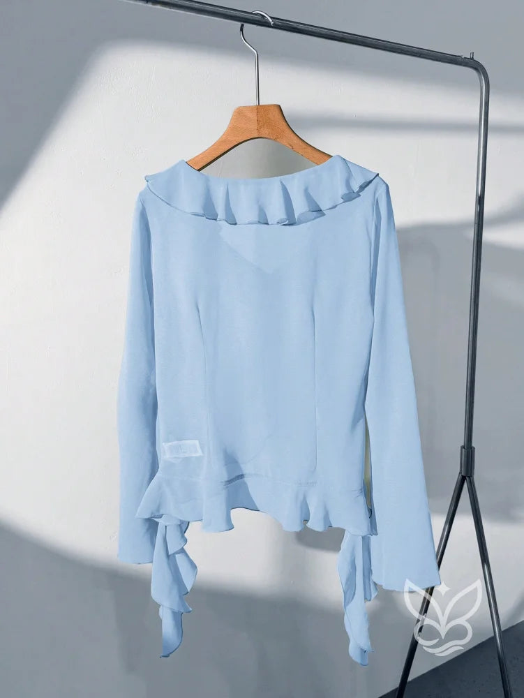 Blusa Manga Longa Babados Assimétricos E Abotoamento Frontal Blusa Manga Longa Babados Assimétricos E Abotoamento