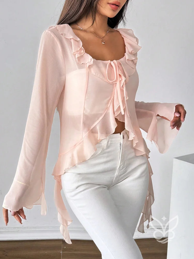 Blusa Manga Longa Babados Assimétricos E Abotoamento Frontal Blusa Manga Longa Babados Assimétricos E Abotoamento