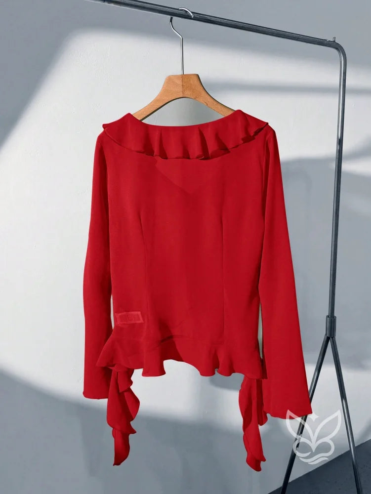Blusa Manga Longa Babados Assimétricos E Abotoamento Frontal Blusa Manga Longa Babados Assimétricos E Abotoamento