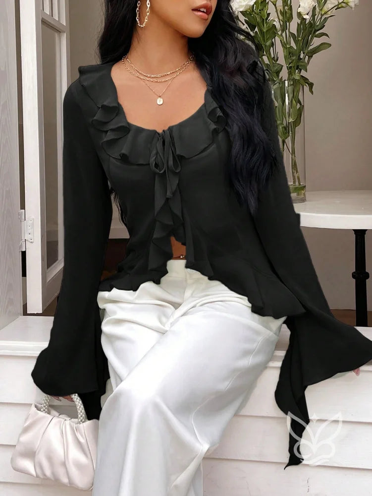 Blusa Manga Longa Babados Assimétricos E Abotoamento Frontal Preto / PP Blusa Manga Longa Babados Assimétricos E