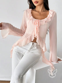 Blusa Manga Longa Babados Assimétricos E Abotoamento Frontal Rosa Bebê / PP Blusa Manga Longa Babados Assimétricos E