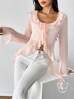 Blusa Manga Longa Babados Assimétricos E Abotoamento Frontal Rosa Bebê / PP Blusa Manga Longa Babados Assimétricos E