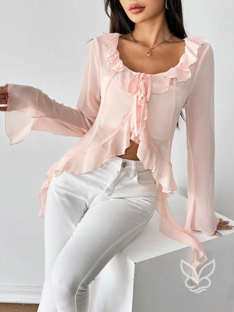 Blusa Manga Longa Babados Assimétricos E Abotoamento Frontal Rosa Bebê / PP Blusa Manga Longa Babados Assimétricos E