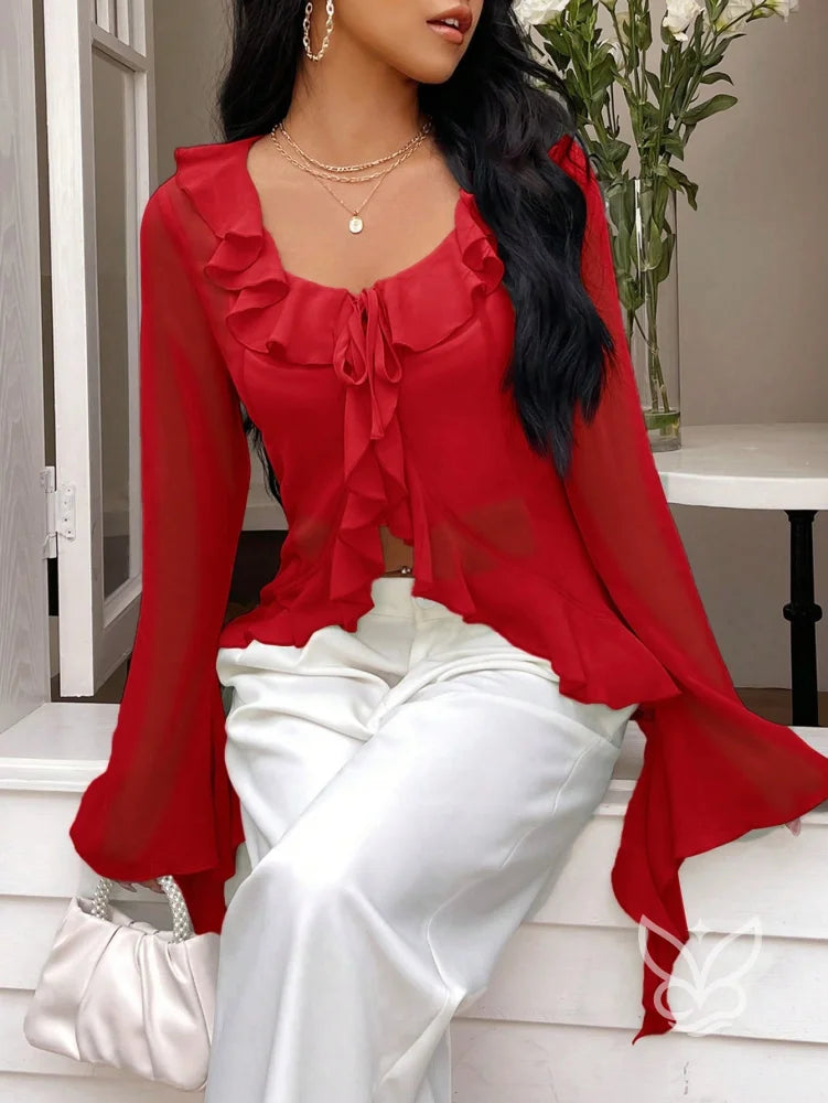 Blusa Manga Longa Babados Assimétricos E Abotoamento Frontal Vermelho / PP Blusa Manga Longa Babados Assimétricos E