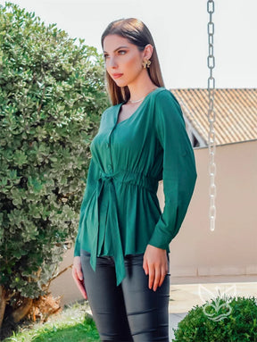Blusa Manga Longa Com Amarração Na Cintura E Caimento Fluido Blusa Manga Longa Com Amarração Na Cintura E Caimento