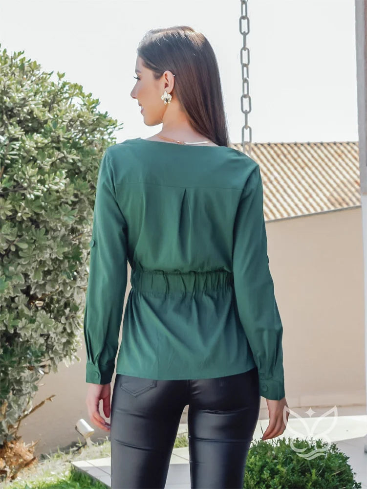 Blusa Manga Longa Com Amarração Na Cintura E Caimento Fluido Blusa Manga Longa Com Amarração Na Cintura E Caimento