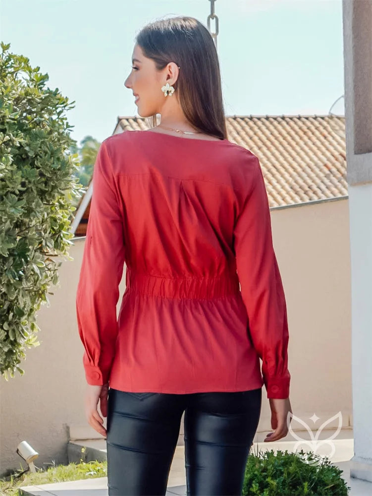Blusa Manga Longa Com Amarração Na Cintura E Caimento Fluido Blusa Manga Longa Com Amarração Na Cintura E Caimento