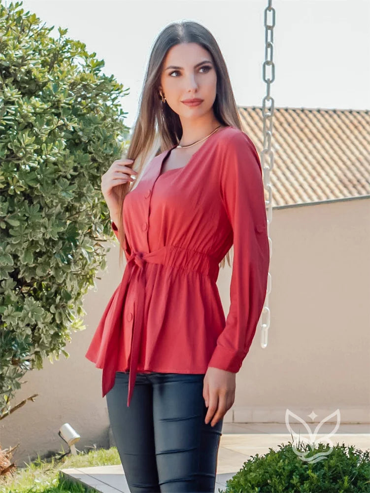 Blusa Manga Longa Com Amarração Na Cintura E Caimento Fluido Blusa Manga Longa Com Amarração Na Cintura E Caimento