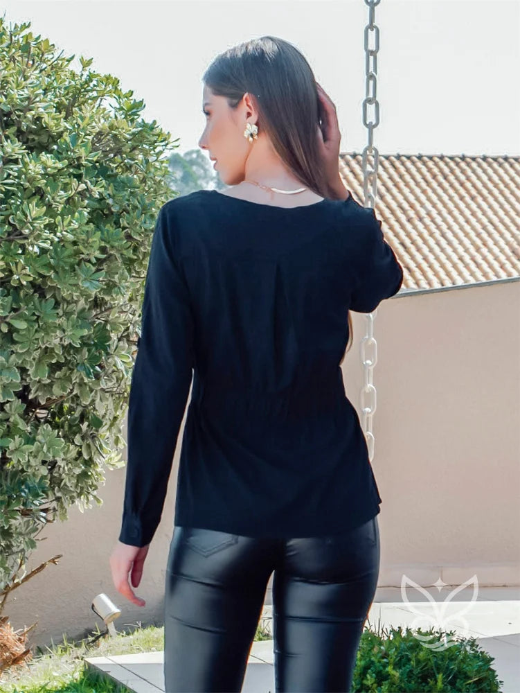 Blusa Manga Longa Com Amarração Na Cintura E Caimento Fluido Blusa Manga Longa Com Amarração Na Cintura E Caimento