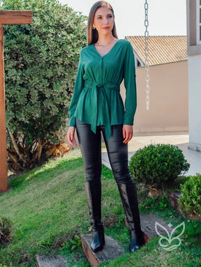 Blusa Manga Longa Com Amarração Na Cintura E Caimento Fluido Blusa Manga Longa Com Amarração Na Cintura E Caimento