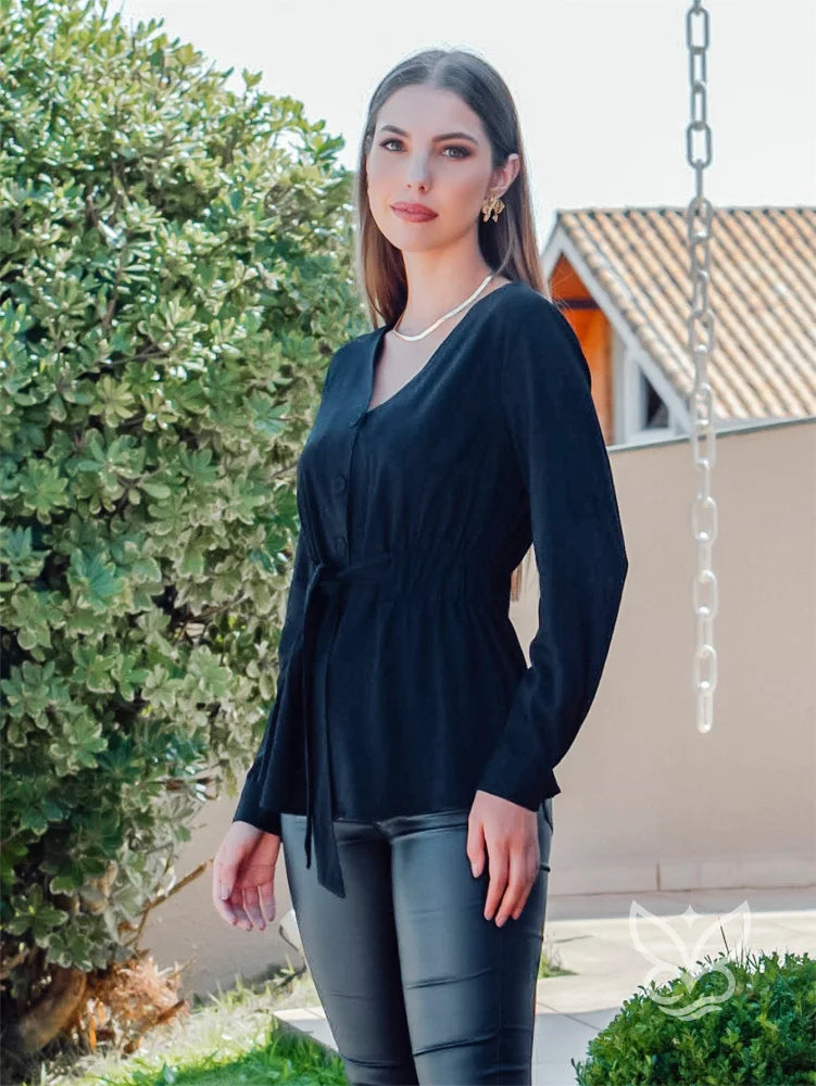 Blusa Manga Longa Com Amarração Na Cintura E Caimento Fluido Blusa Manga Longa Com Amarração Na Cintura E Caimento