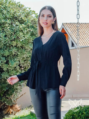 Blusa Manga Longa Com Amarração Na Cintura E Caimento Fluido Preto / PP Blusa Manga Longa Com Amarração Na Cintura E
