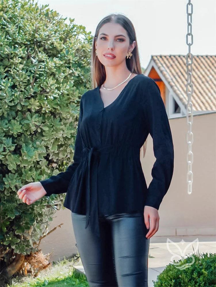 Blusa Manga Longa Com Amarração Na Cintura E Caimento Fluido Preto / PP Blusa Manga Longa Com Amarração Na Cintura E