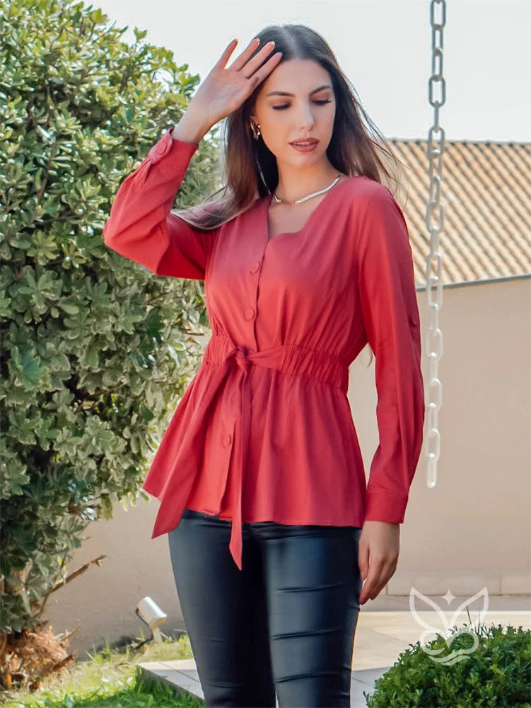 Blusa Manga Longa Com Amarração Na Cintura E Caimento Fluido Vermelho / PP Blusa Manga Longa Com Amarração Na Cintura E