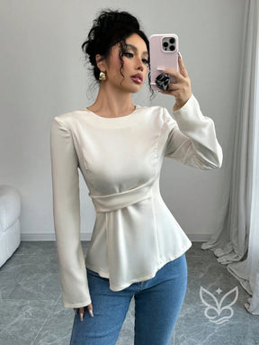 Blusa Manga Longa Com Cintura Marcada E Caimento Elegante Blusa Manga Longa Com Cintura Marcada E Caimento Elegante