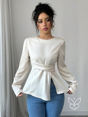 Blusa Manga Longa Com Cintura Marcada E Caimento Elegante Blusa Manga Longa Com Cintura Marcada E Caimento Elegante