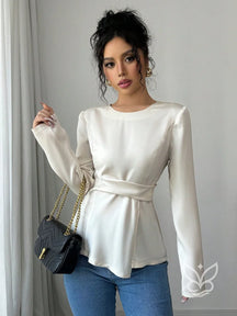 Blusa Manga Longa Com Cintura Marcada E Caimento Elegante Branco / PP Blusa Manga Longa Com Cintura Marcada E Caimento
