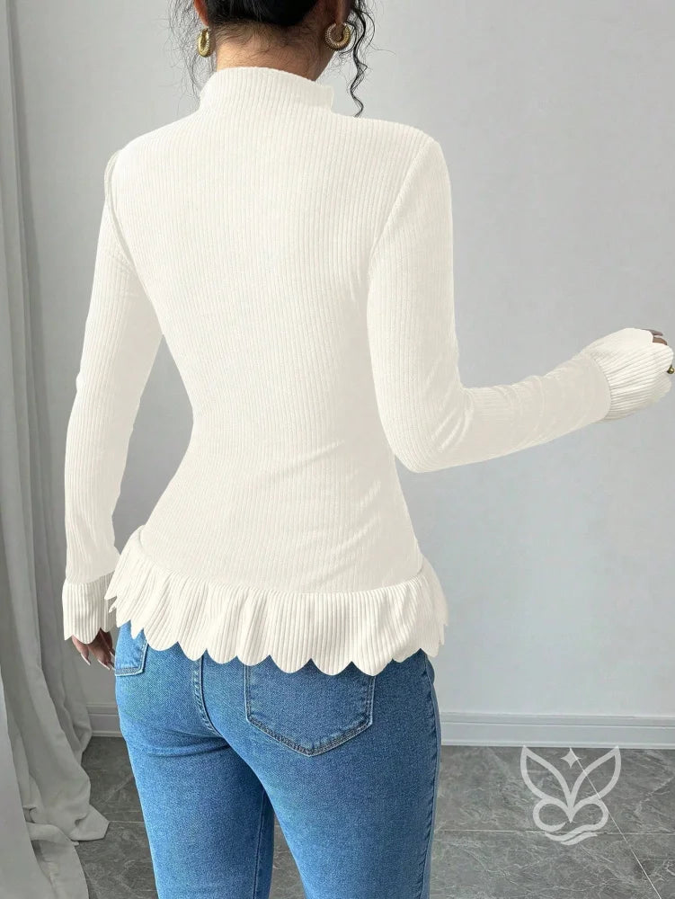 Blusa Manga Longa Com Gola Alta E Barra Assimétrica Blusa Manga Longa Com Gola Alta E Barra Assimétrica